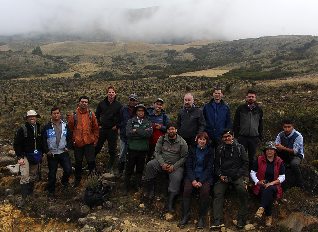 Group of 15 people assembled in a misty paramo